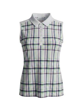 Lillie Green White Women's Sleeveless Polo Top Plaid PL
